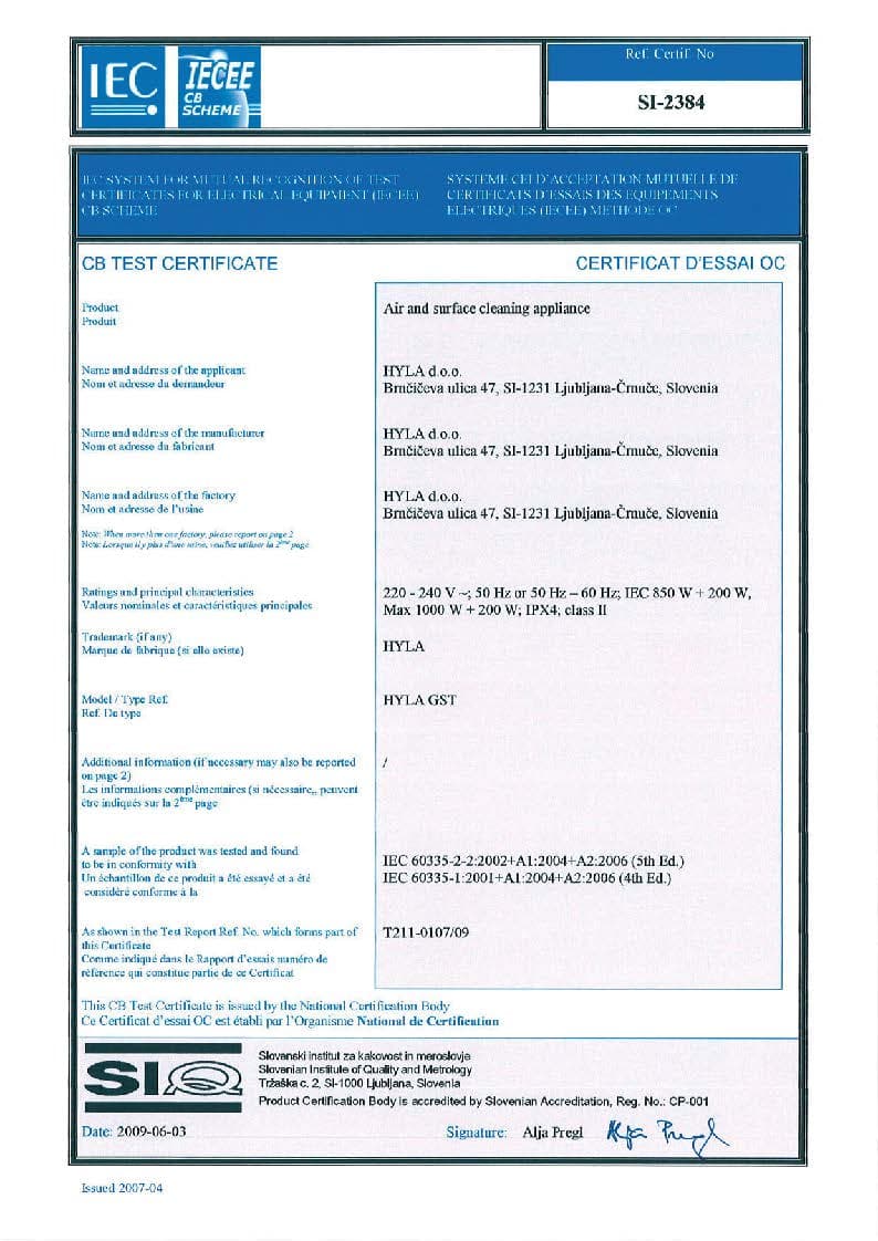 Certifikat HYLA – IEC certifikat