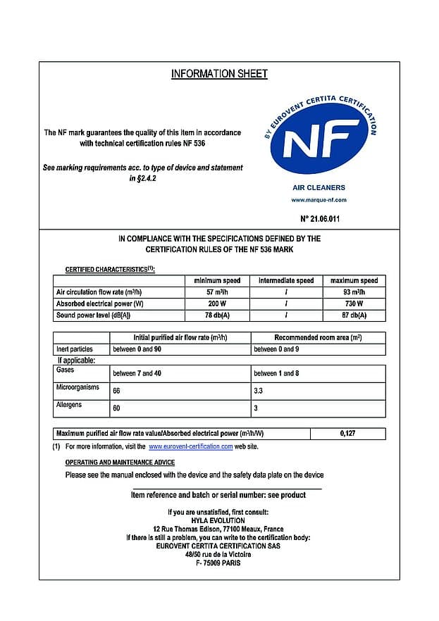 Certifikat HYLA – NF536 informacijski list