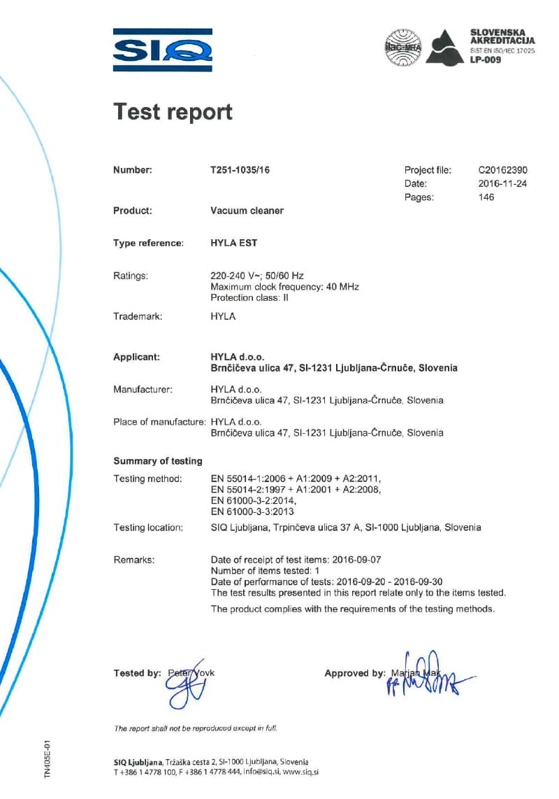 Certifikat HYLA – SIQ poročilo o preizkusu